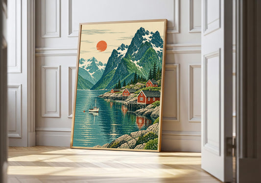 A light wood hero frame presents nordic fjord village at sunset as coastal landscape pr in a clean interior.