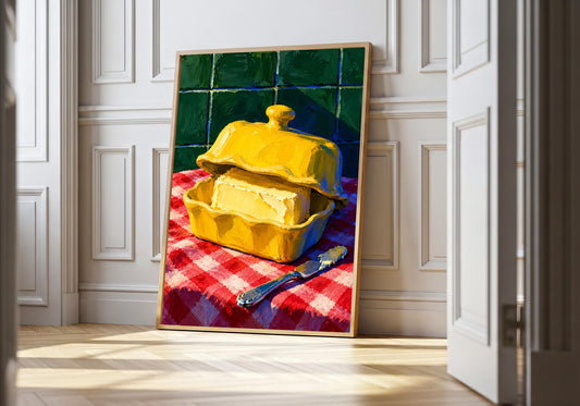 A light wood hero frame presents butter dish under blue light as butter dish art in a clean interior.