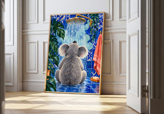 A light wood hero frame presents koala takes a very long shower as koala bathroom print in a clean interior.