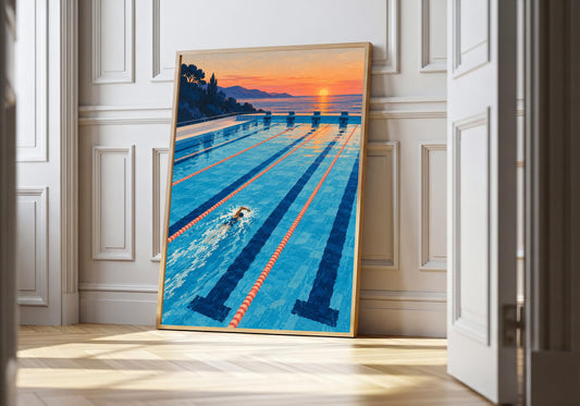 A light wood hero frame presents swimming lanes before sunrise as swimming pool art in a clean interior.