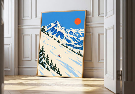 A light wood hero frame presents retro alpine skiing poster as ski art print in a clean interior.