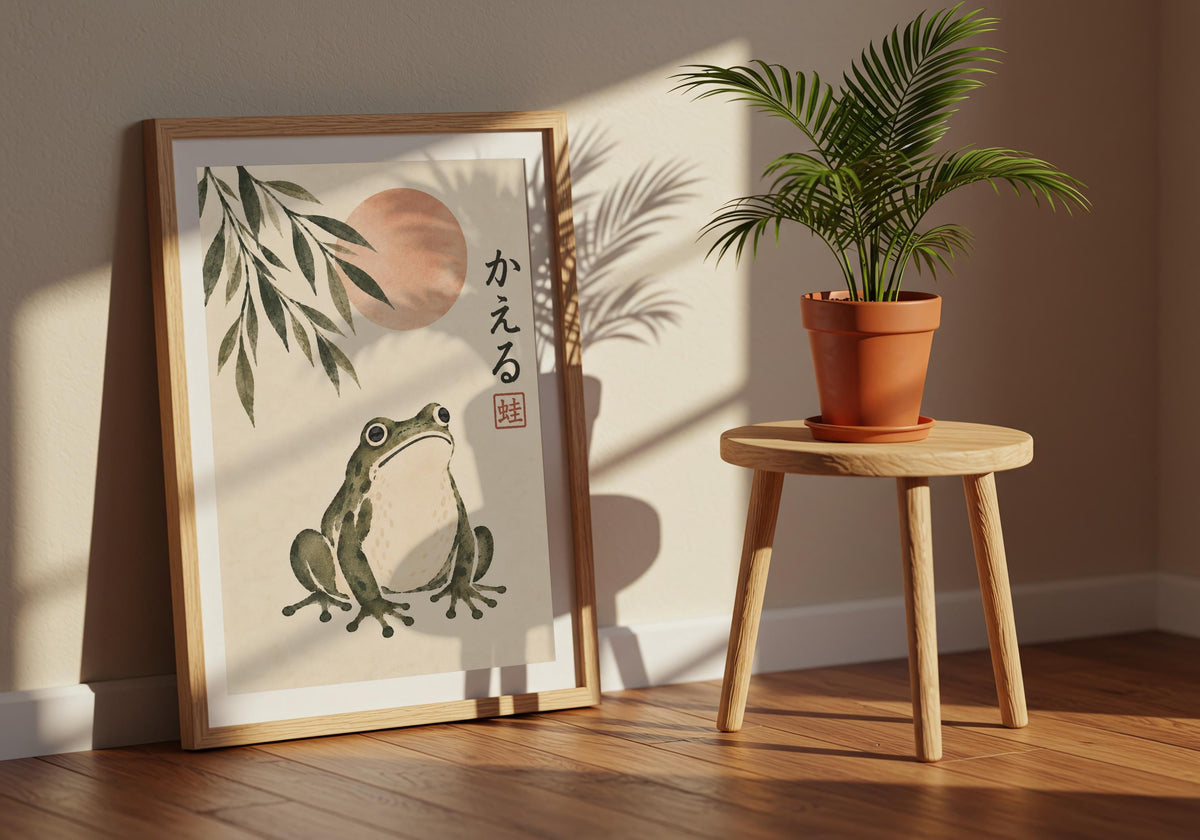 Palm shadows fall beside the frog picture leaning near a terracotta pot on a stool.