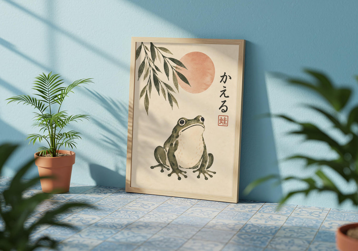 Against a blue wall, the amphibian artwork rests near a small potted palm on a low surface.