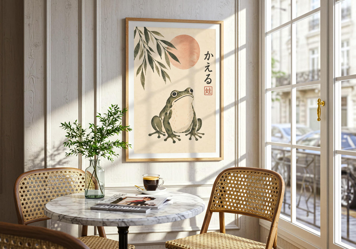 Over cane chairs and a round table, a wood-framed frog illustration hangs beside a large window.