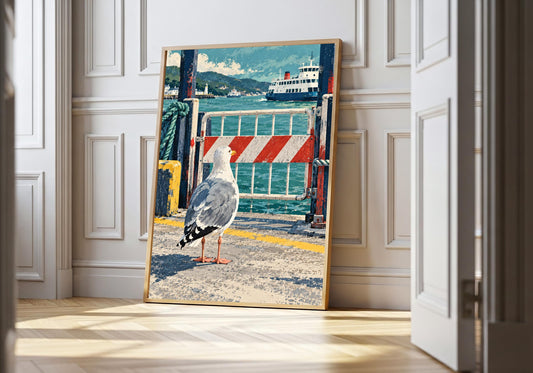 A light wood hero frame presents seagull waits at the ferry gate as seagull coastal prin in a clean interior.