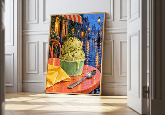 A light wood hero frame presents pistachio gelato in the rain as pistachio gelato pri in a clean interior.