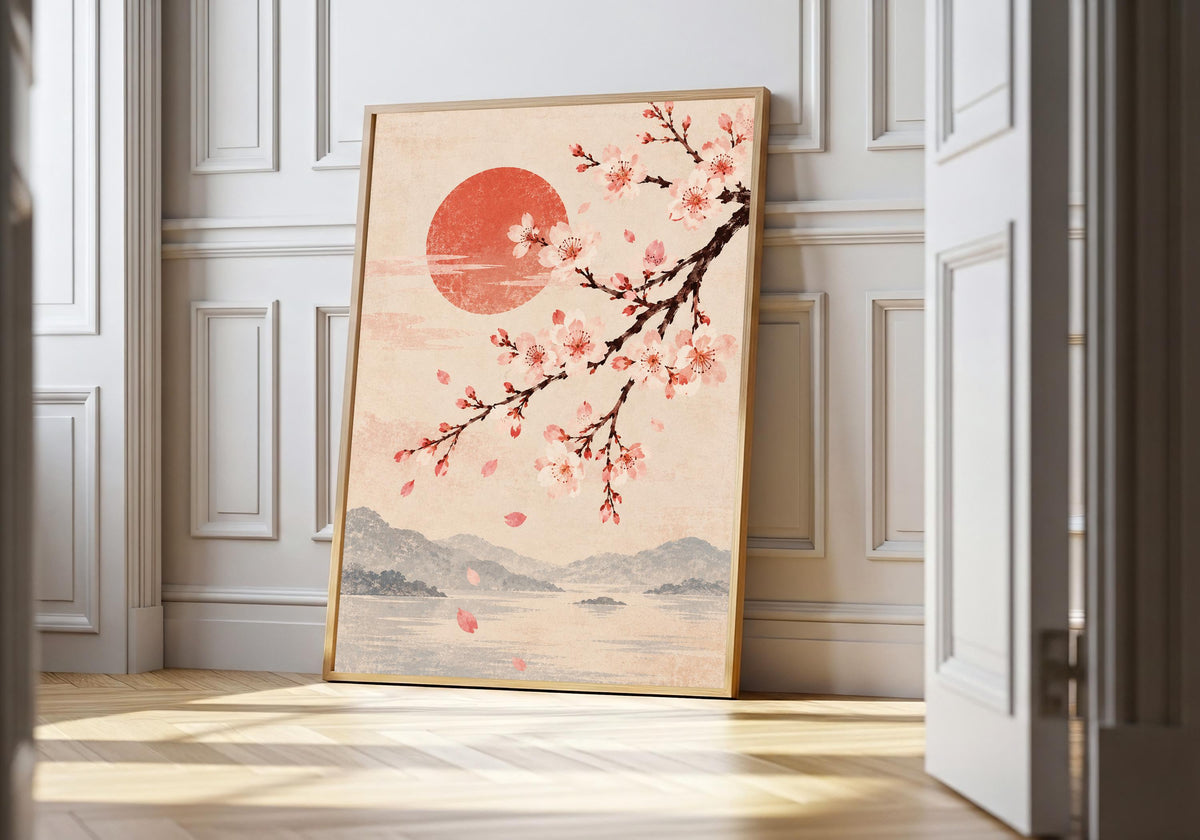 A light wood hero frame presents cherry blossom branch over misty mountains as japanese style art in a clean interior.