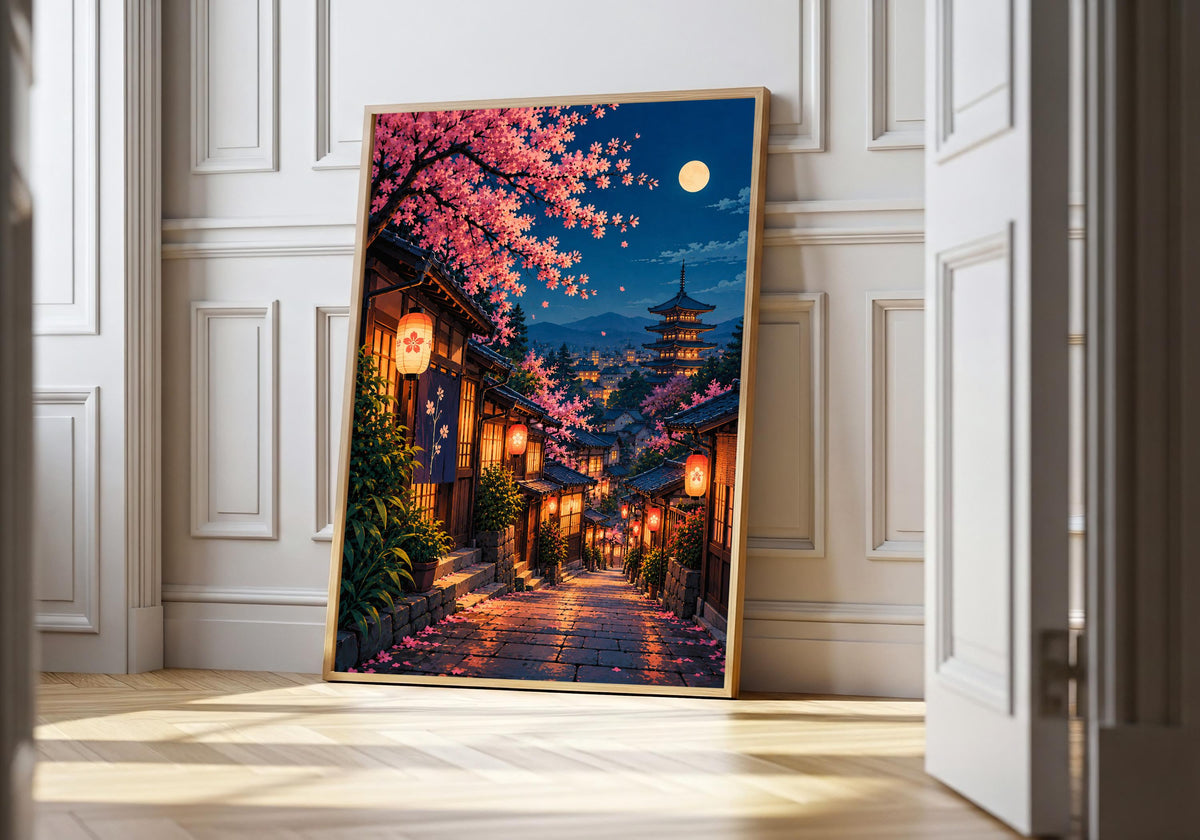 A light wood hero frame presents moonlit lanterns in kyoto’s cherry blossom lane as japanese style art in a clean interior.