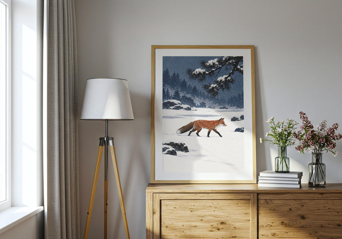 The fox snow garden is photographed from the console room view with the frame colour supporting the artwork.