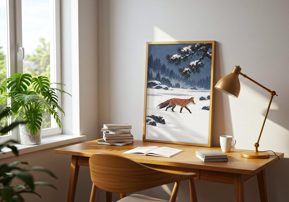 Against the sideboard room interior, the artwork depicts a rust-coloured fox crossing a quiet snow garden beneath a dark pine branch in a lived-in room context.