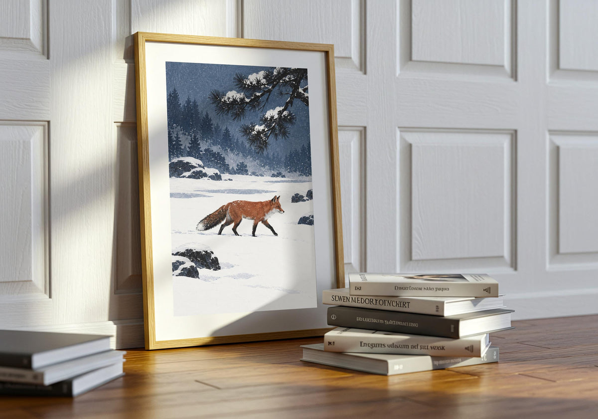 Seen in a green plant lounge composition, the print features a rust-coloured fox crossing a quiet snow garden beneath a dark pine branch as a character-led wall display.