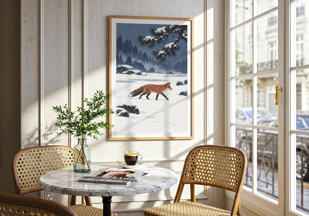 A console wall mock-up shows a rust-coloured fox crossing a quiet snow garden beneath a dark pine branch with the vertical composition clear.