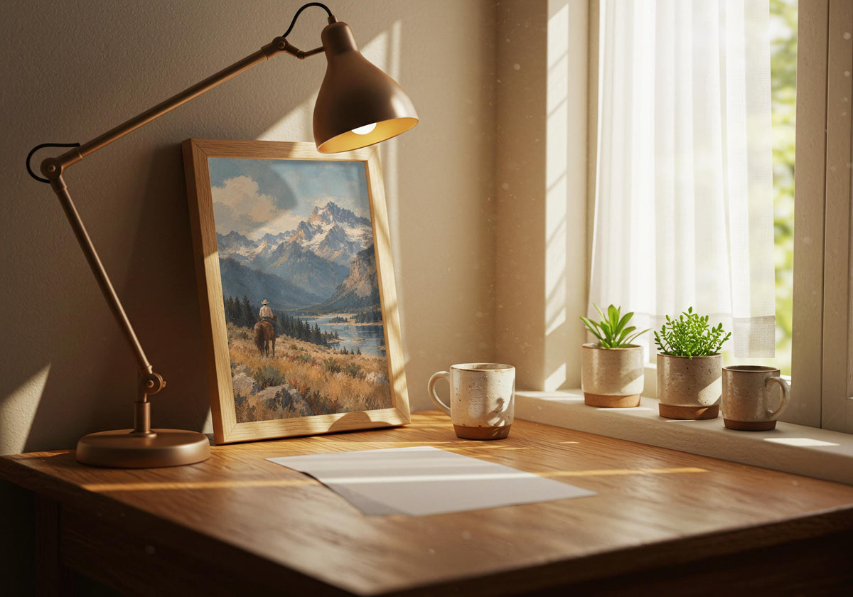 Here, a solitary cowboy overlooking a broad mountain valley in a vintage western composition appears in a record corner setting so the subject remains easy to recognise.