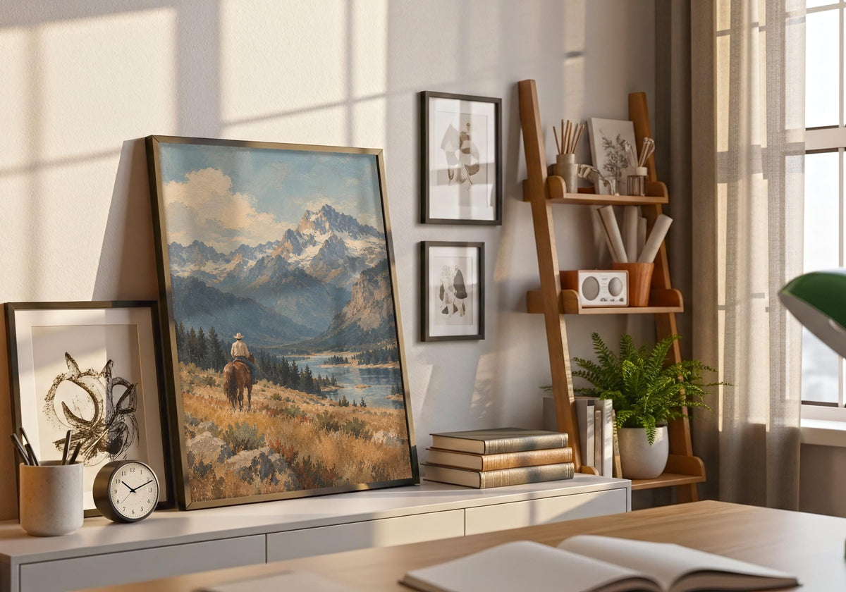 A solitary cowboy overlooking a broad mountain valley in a vintage western composition sits naturally within this natural frame greenery with mountain valley art as the main visual.