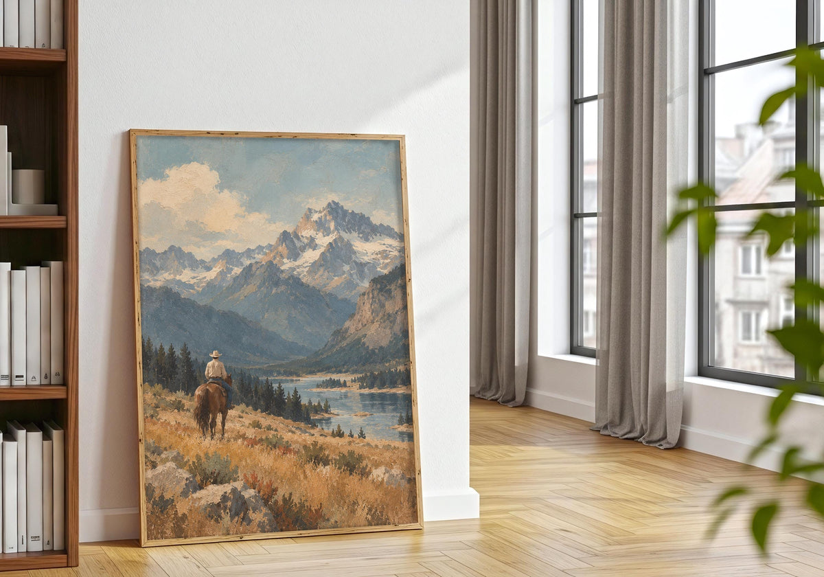 Seen in a natural frame plants composition, the print features a solitary cowboy overlooking a broad mountain valley in a vintage western composition with its palette visible in the room light.
