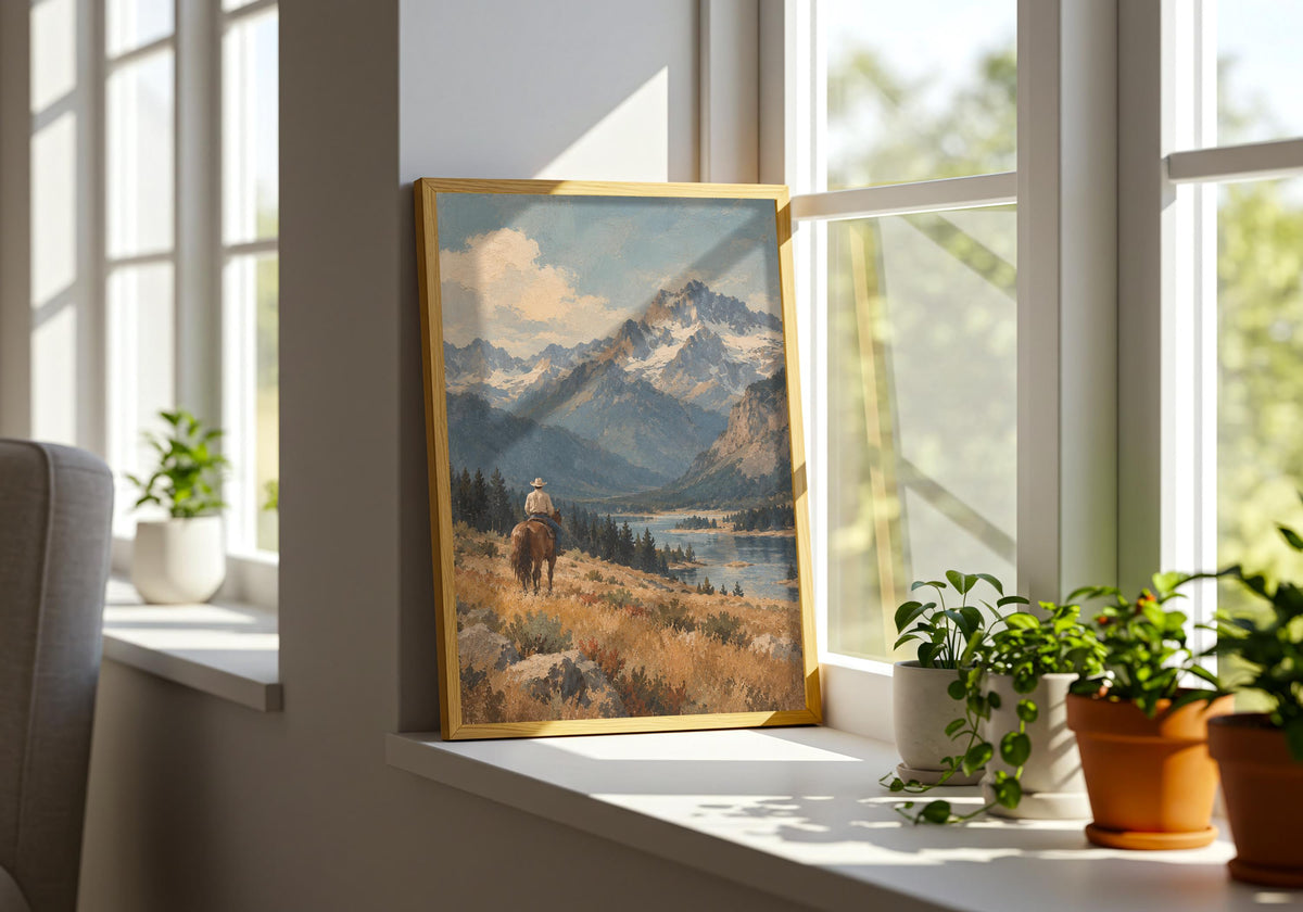The green plant room styling gives a solitary cowboy overlooking a broad mountain valley in a vintage western composition room to breathe while preserving the artwork’s original colour.