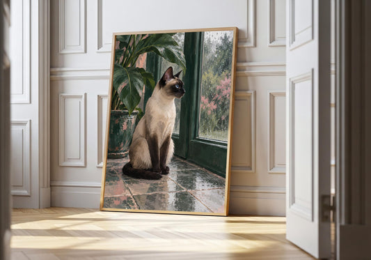 Seen in a hero light wood composition, the print features a siamese cat waiting on a tiled conservatory floor beside a rain-marked pane and leafy plant with the frame colour supporting the artwork.