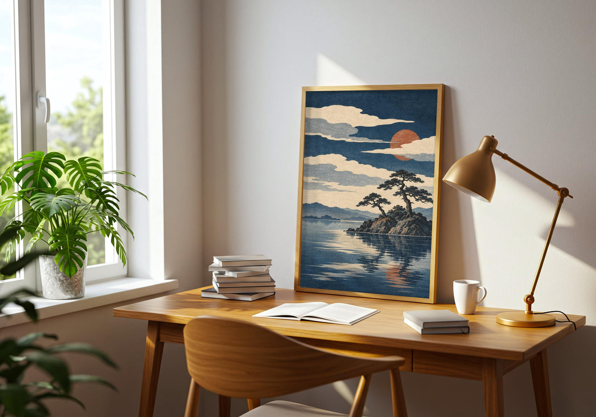Sideboard mock-up places the Japanese-inspired lake print above warm natural timber.