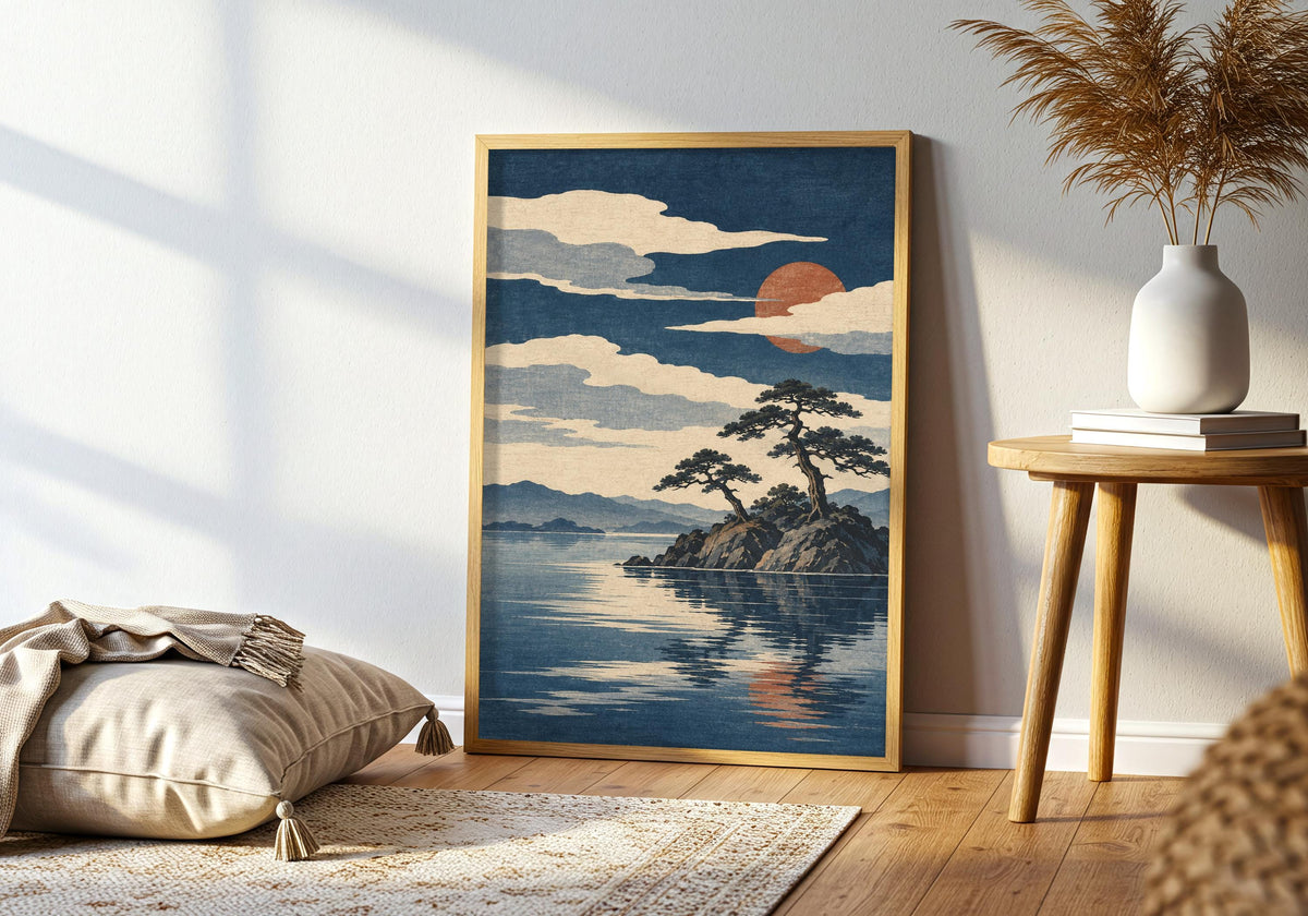 A living-room view shows the reflected red sun across the textured lake illustration.