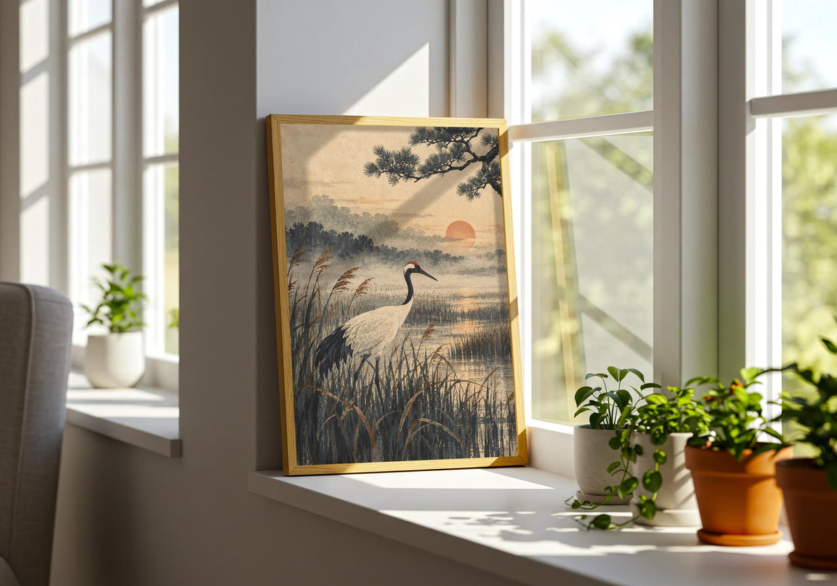 Green plant room styling balances the muted rust sun and charcoal reeds.