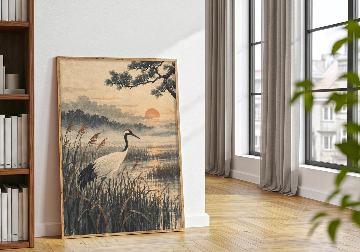 Natural frame mock-up places the crane landscape beside leafy plants.