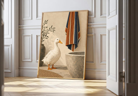 White duck beside a stone bath and striped towel in the light-wood hero mock-up.