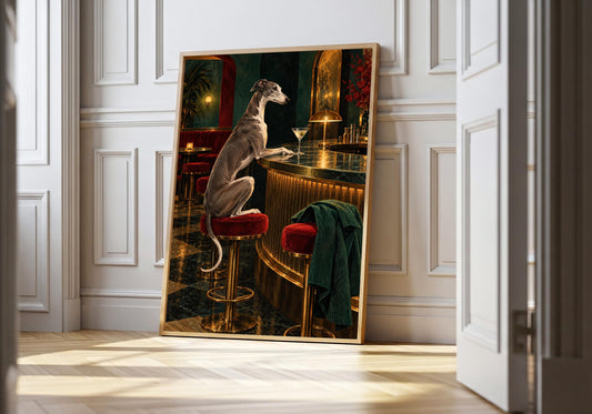 Greyhound at a martini bar in the hero mock-up, framed in pale wood against a warm wall.