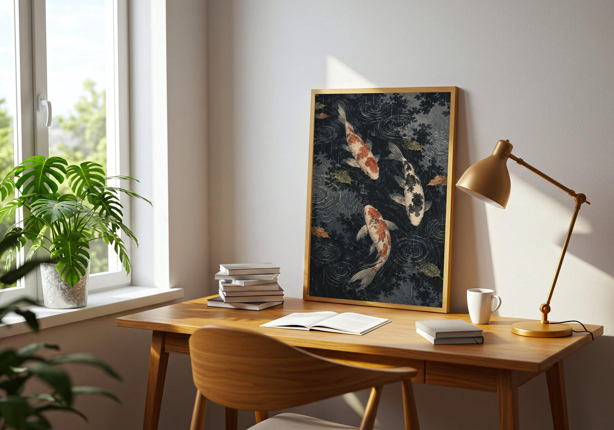Sideboard view shows reflected leaves and ripples around the koi.