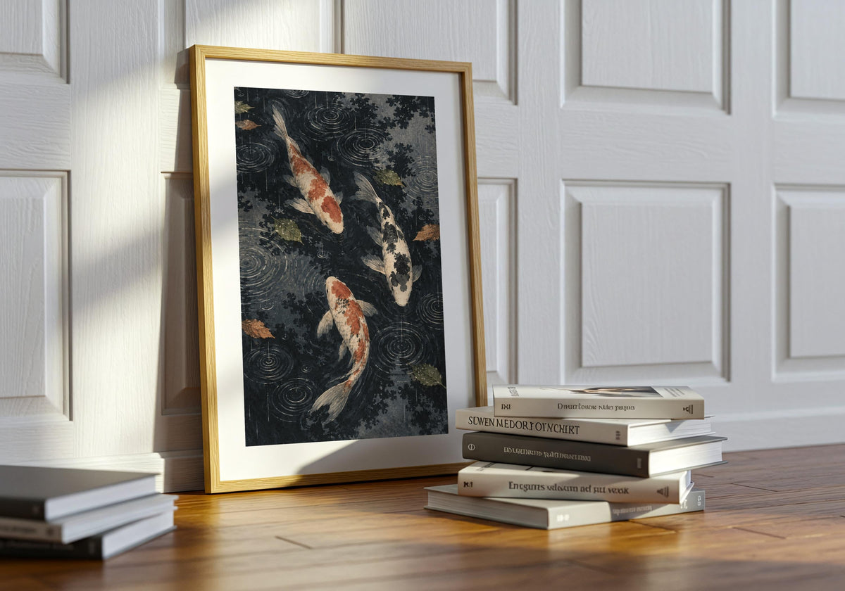 Framed fish artwork is displayed beside a leafy plant in this room view.