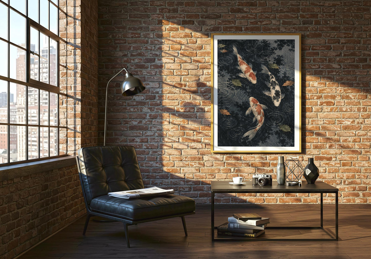 Green lounge setting contrasts plants with the dark pond illustration.