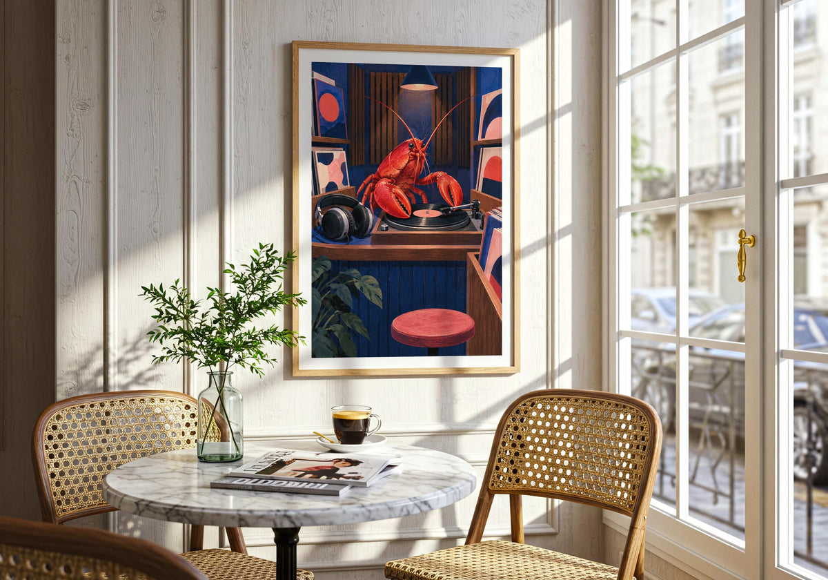 Dining console styling places the lobster DJ print above a cabinet.