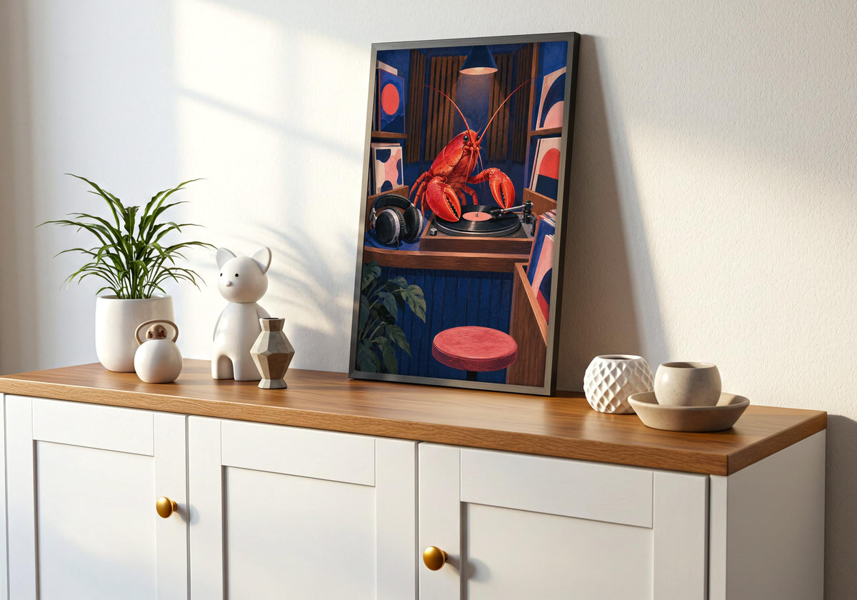 Console close-up shows the lobster, vinyl and coral stool in the frame.