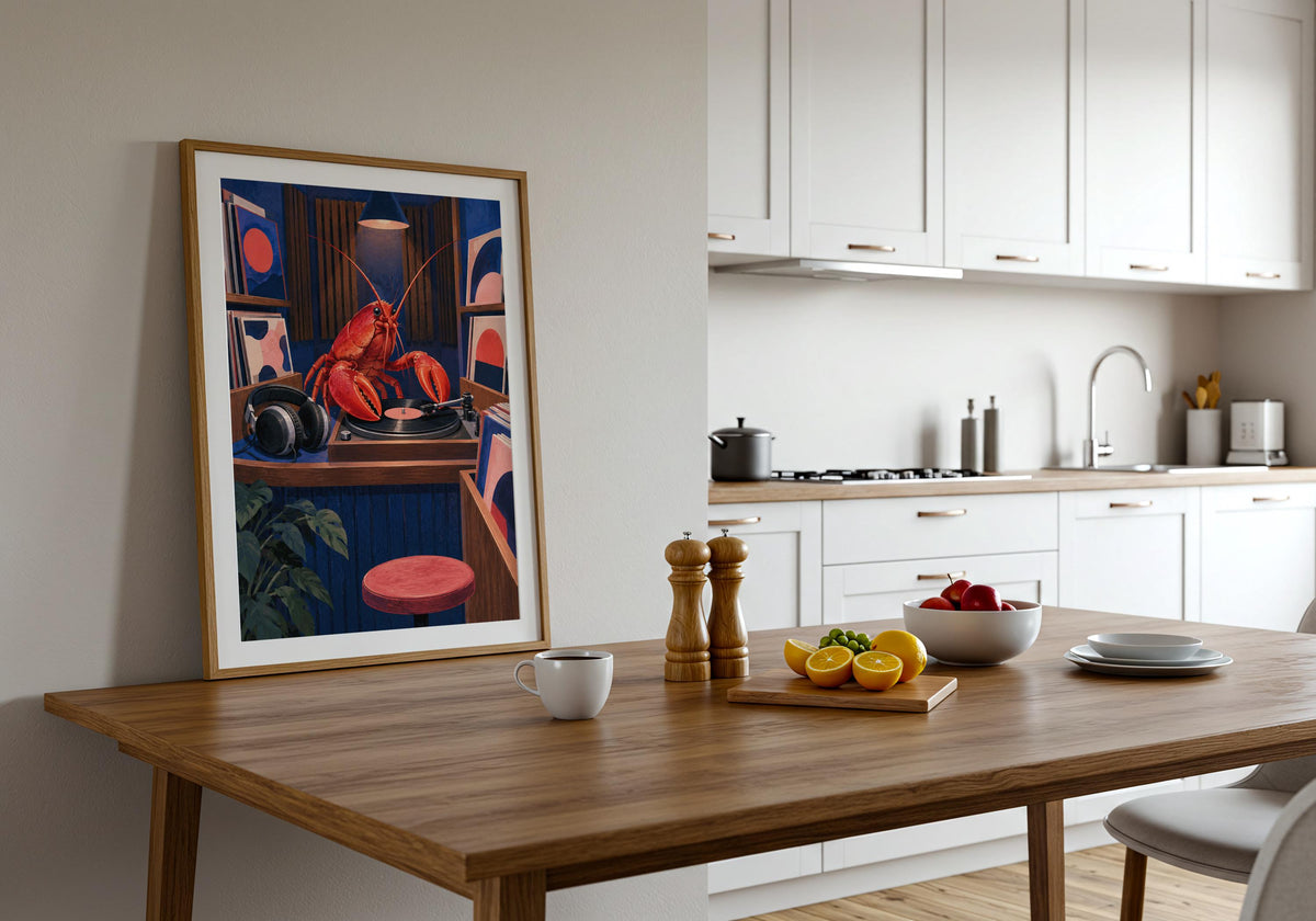 Kitchen table mock-up highlights the record player and headphones in the artwork.