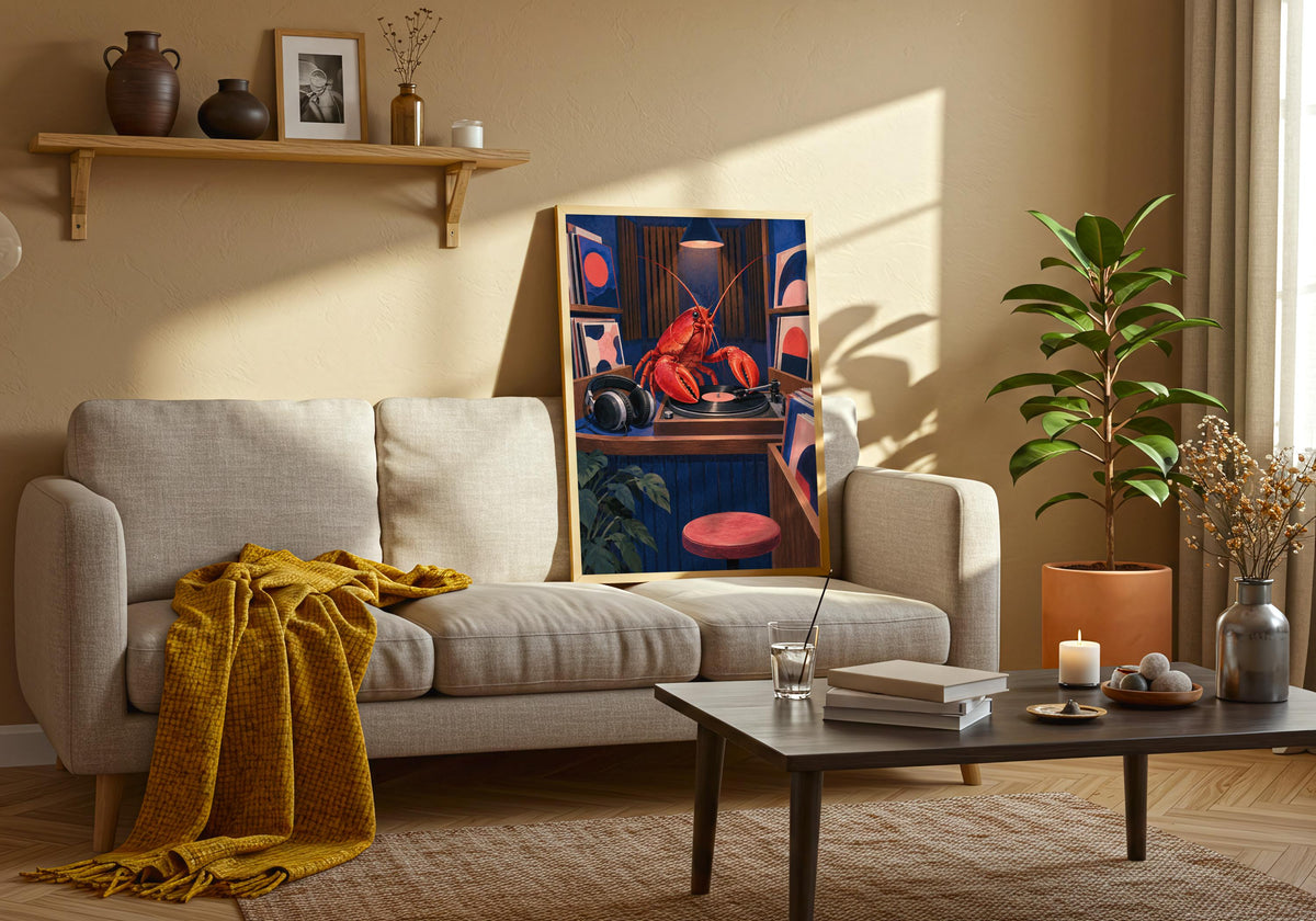 Green living-room styling pairs foliage with the bright cobalt music poster.