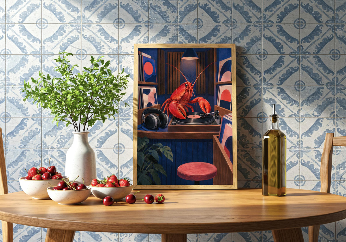Tiled-kitchen scene displays the listening-booth illustration with its bold blue backdrop.