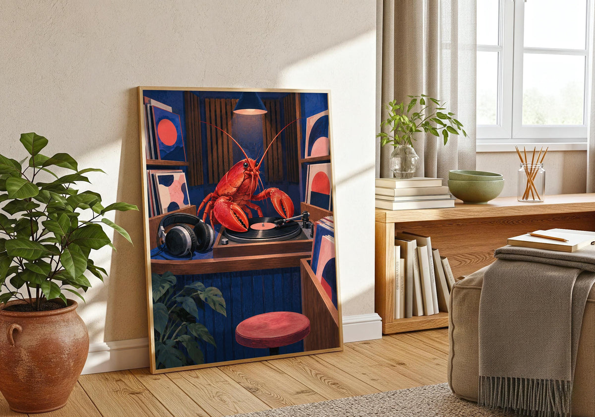 Wider dining-room display uses the portrait lobster print as a colourful centrepiece.