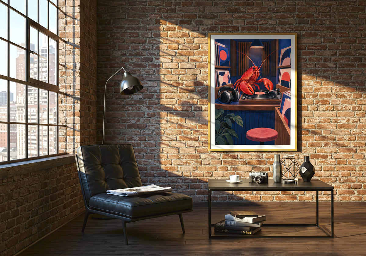 Black-framed lobster print is shown in a loft-style room with a vivid red shell.