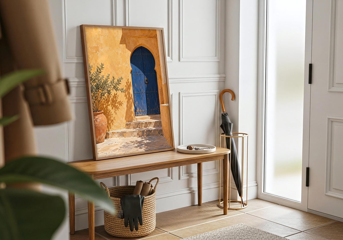 Wide room mock-up shows the portrait doorway as a saturated blue accent.