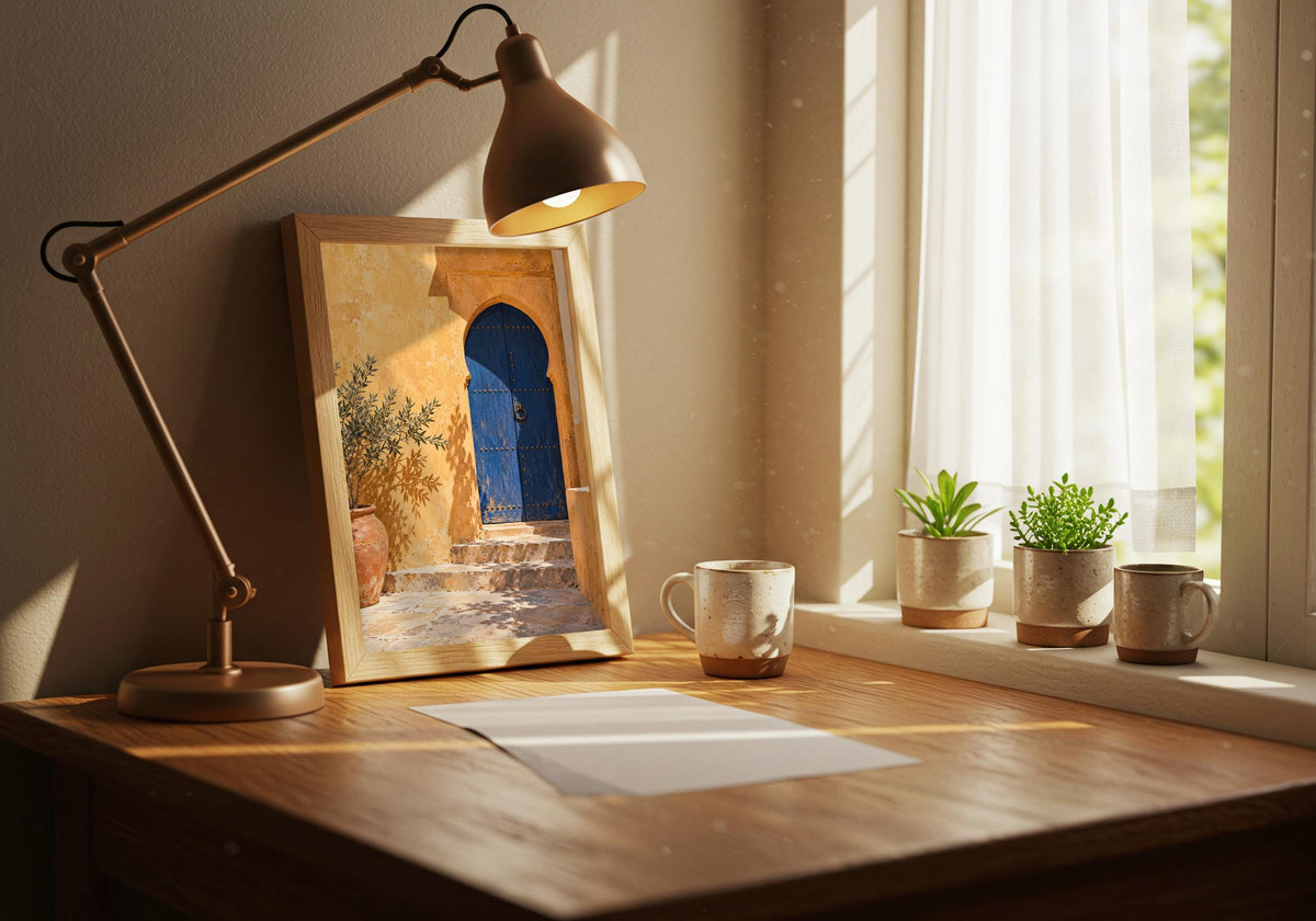Record-corner styling places the ochre-and-blue architecture art beside a console.