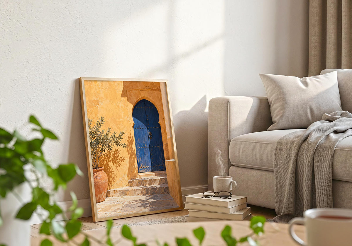 White frame presents the arched door illustration in a bright interior.