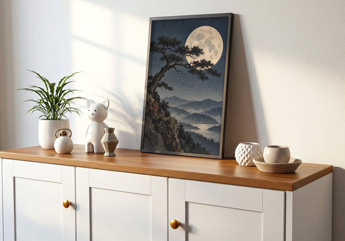 Console setting places the night-sky print above a simple cabinet.