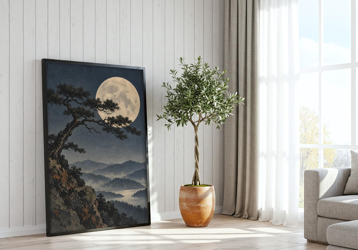 Window-wall mock-up displays the moonlit landscape with its dark pine silhouette.