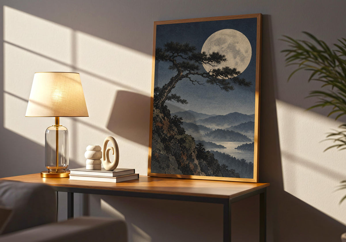 Sideboard view reveals the pine, rocky headland and lake below the moon.