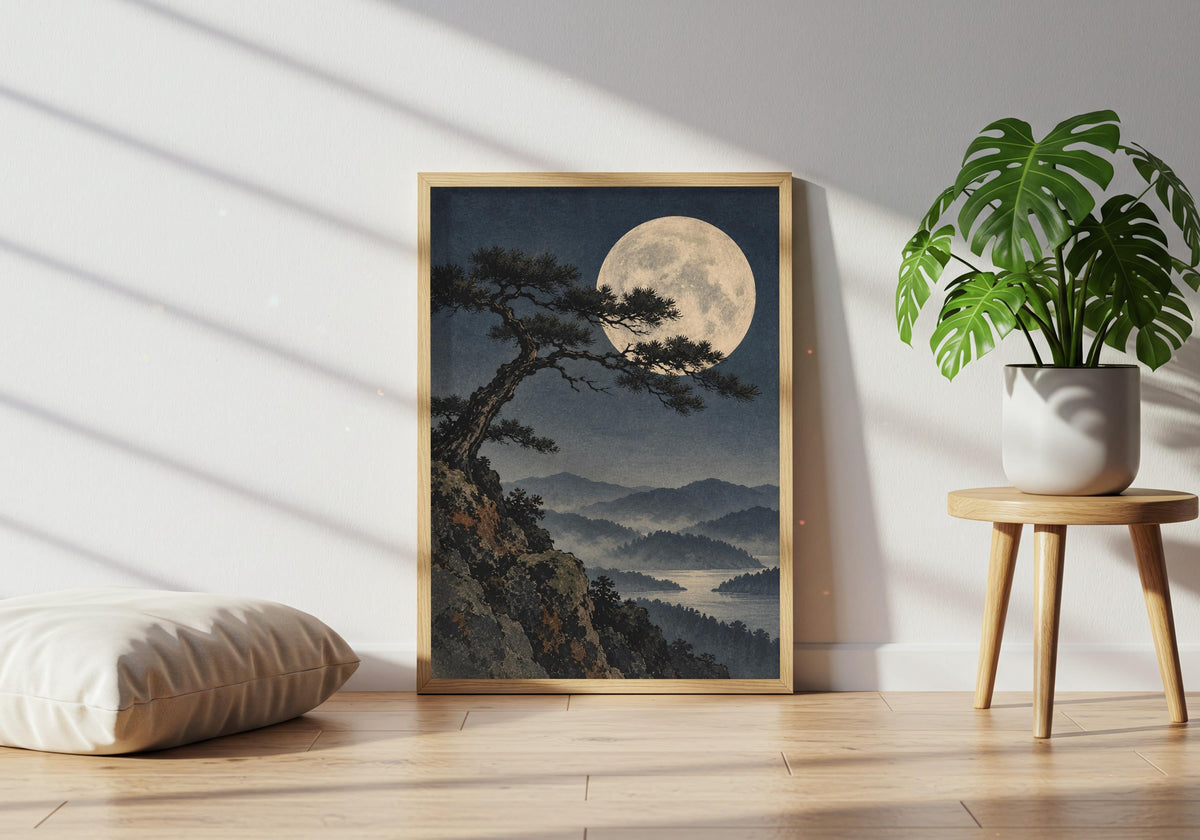 Green plant beside the framed mountain-and-moon print in a lounge.