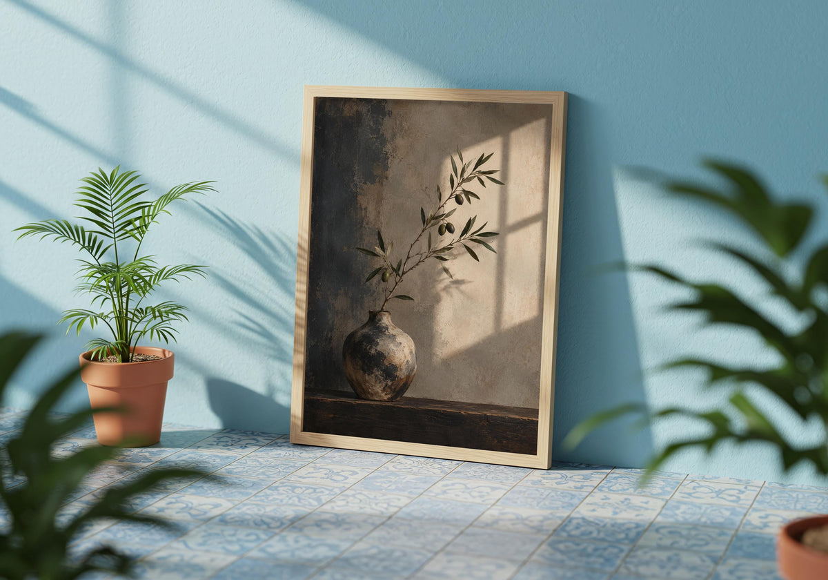 Armchair corner places the portrait vase print above a quiet seat.