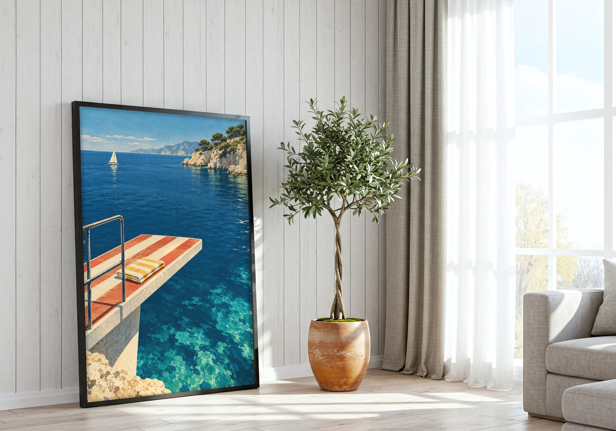 Window-wall mock-up features the Mediterranean bay and distant sailboat.