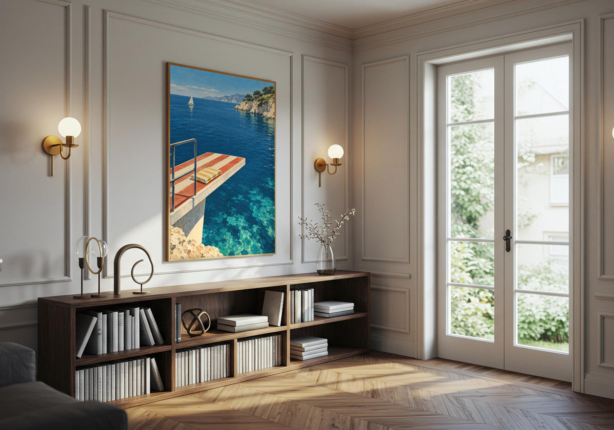Leafy lounge styling surrounds the seaside landscape with green accents.