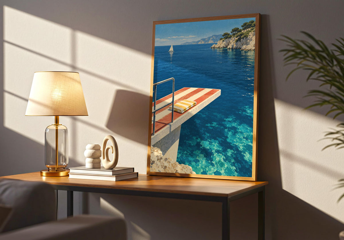 Wide sideboard room view shows the portrait coast artwork above furniture.