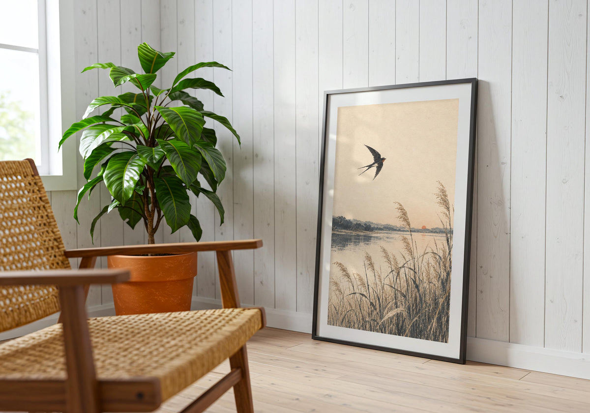 Reading-corner scene features the sparse bird-and-reed landscape.