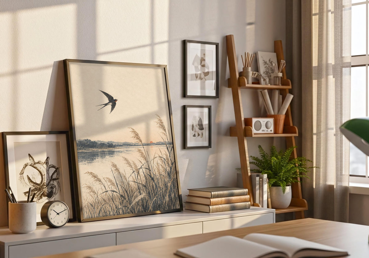Natural wood accents the small red sun and pale reed landscape.